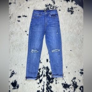 Women’s Light Wash High Rise Distressed Cuff Hem Stretch Denim Jeans